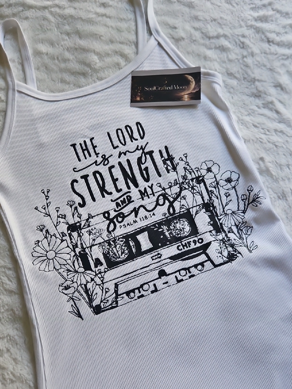 No Boundaries White Ribbed Tank with Black Scripture Cassette Graphic